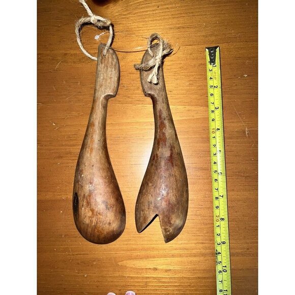 Vintage MCM Wooden Fork & Spoon Salad Serving Set Hand Made Rustic Cabin Cottage - Picture 1 of 4
